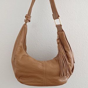 Brown Soft Pebbled Leather Boho Hobo Scoop Shoulder Bag with Tassel